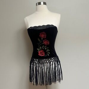 Black Velvet Strapless Corset Top with Red Rose Embroidery
